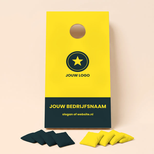 Cornholeset eigen logo Bedrijfsnaam en slogan (voorbeeld)