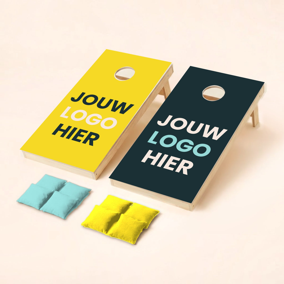 Cornholeset eigen logo Grote tekst, voorbeeld