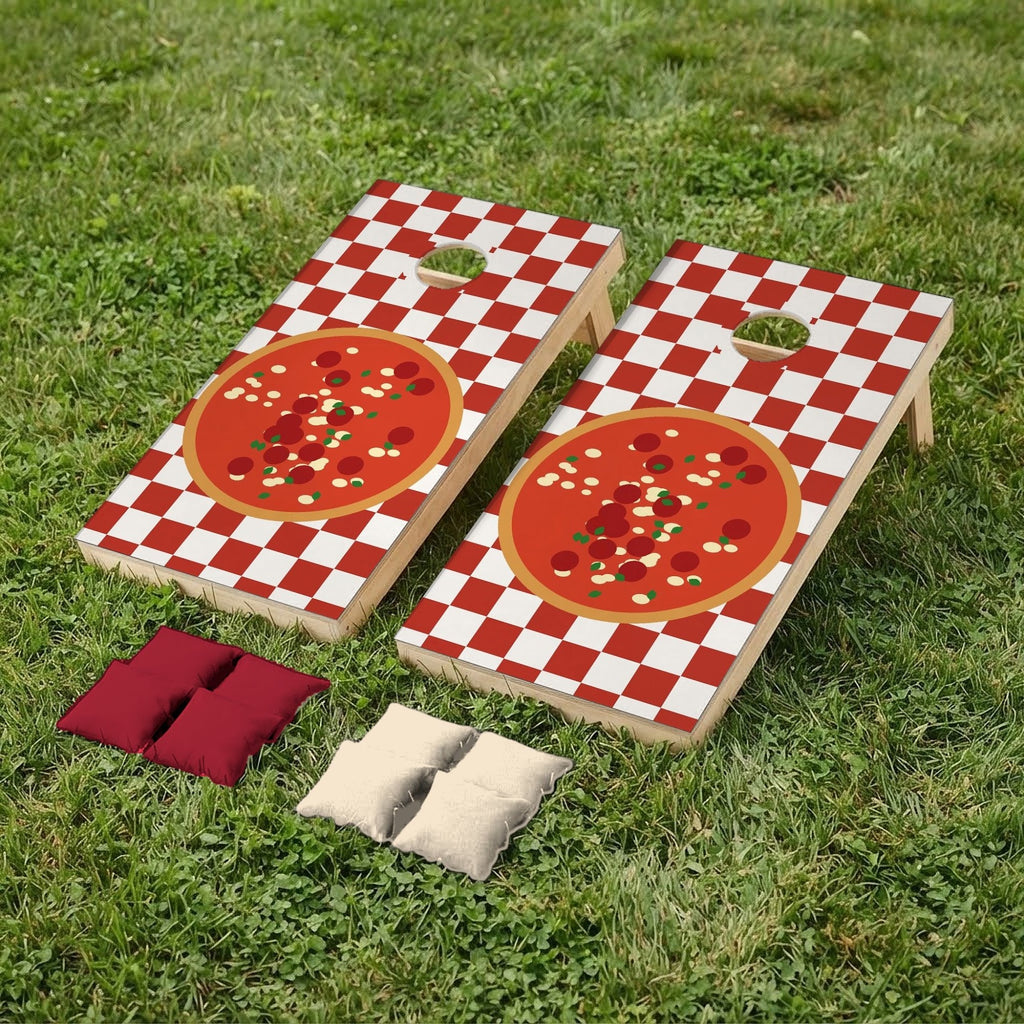 Cornholeset Pizza op gras