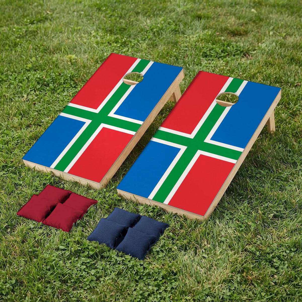 Cornholeset Groningse vlag op gras