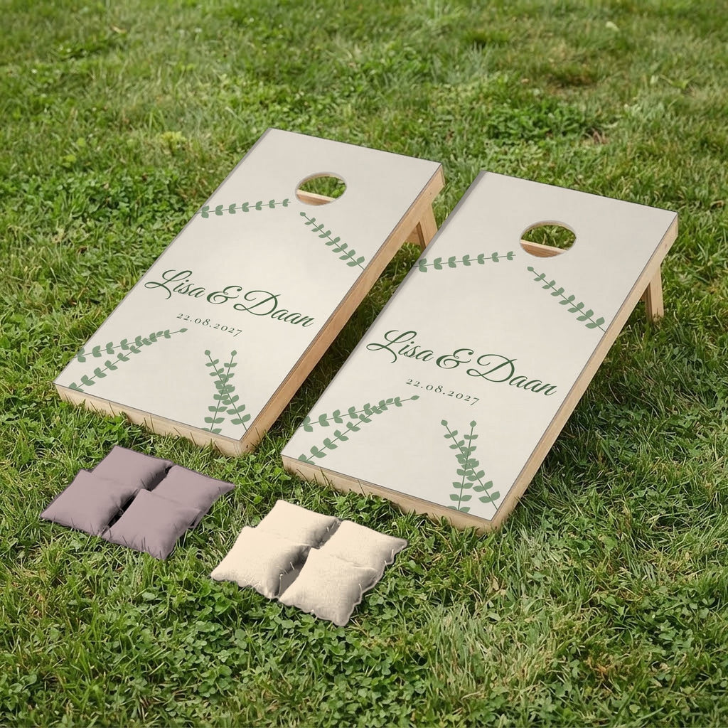 Cornholeset bruiloft Eucalyptus salie op gras