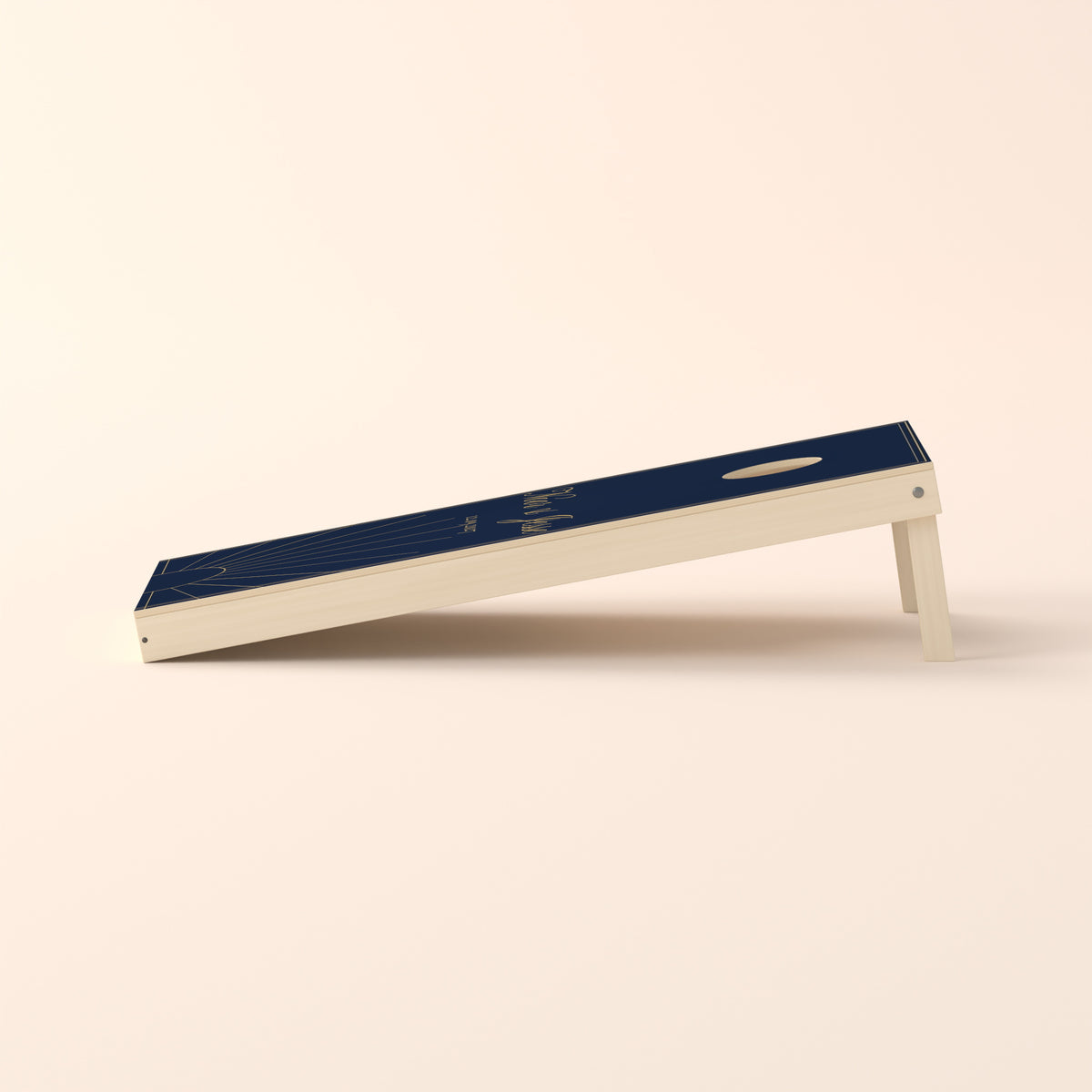 Cornholebord bruiloft Navy art deco, zijaanzicht