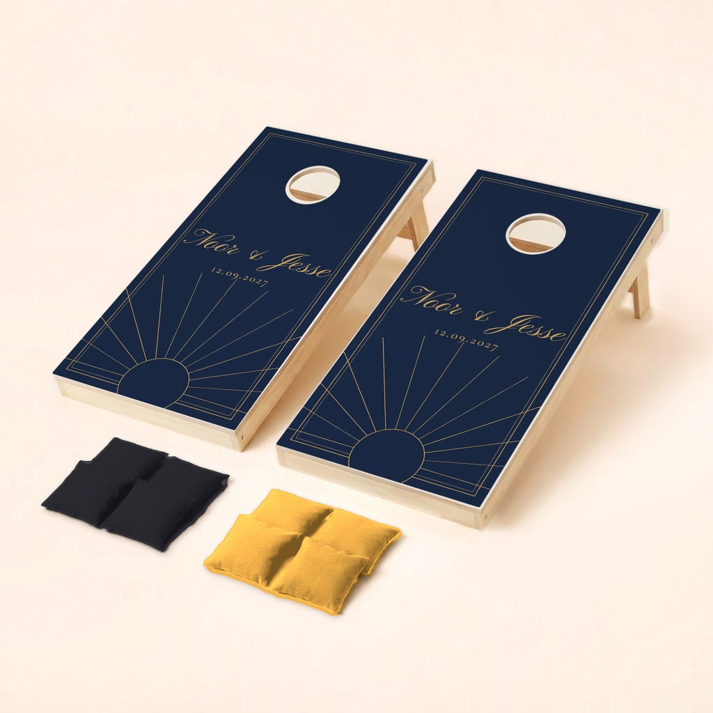 Cornholeset bruiloft Navy art deco