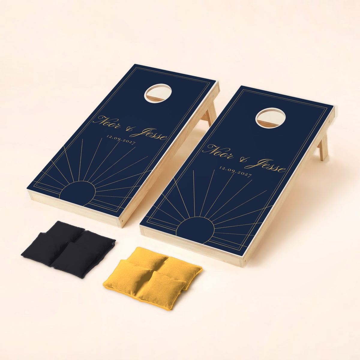 Cornholeset bruiloft Navy art deco
