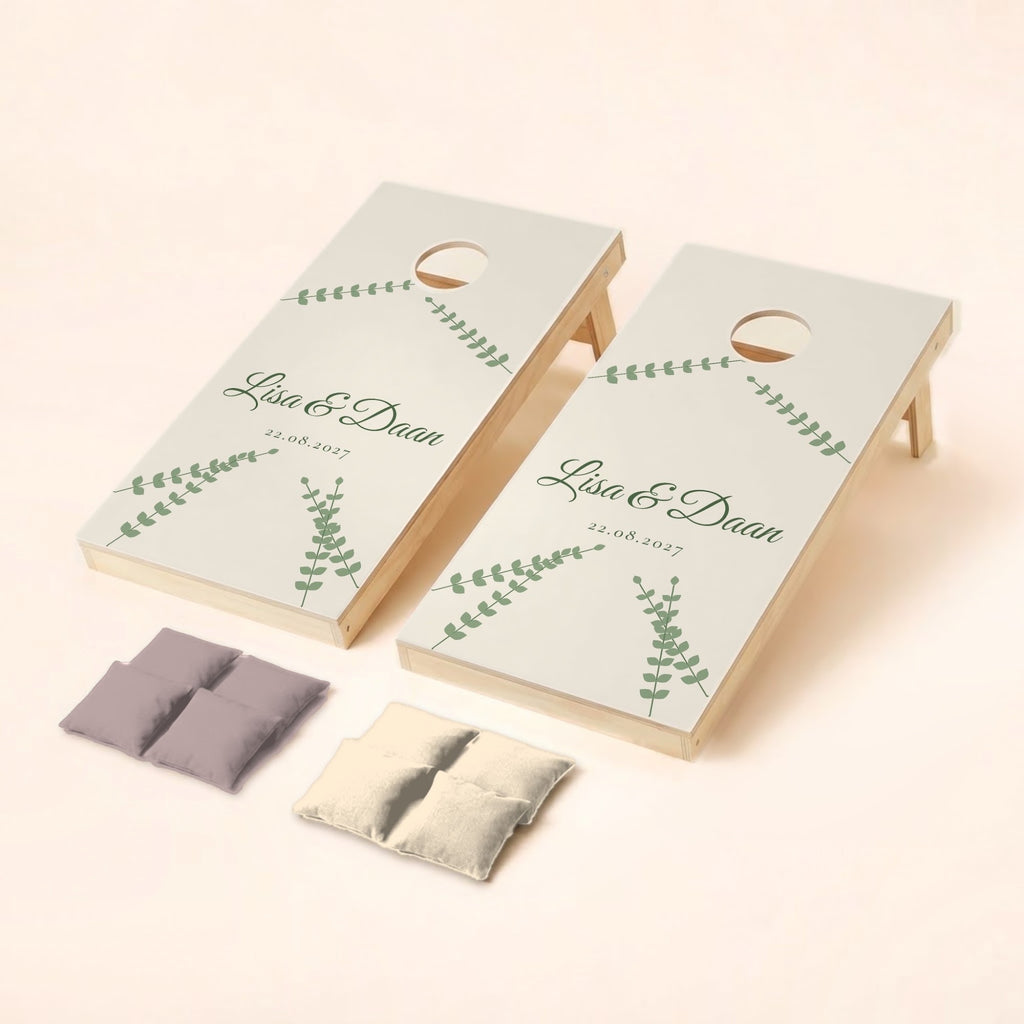 Cornholeset bruiloft Eucalyptus salie